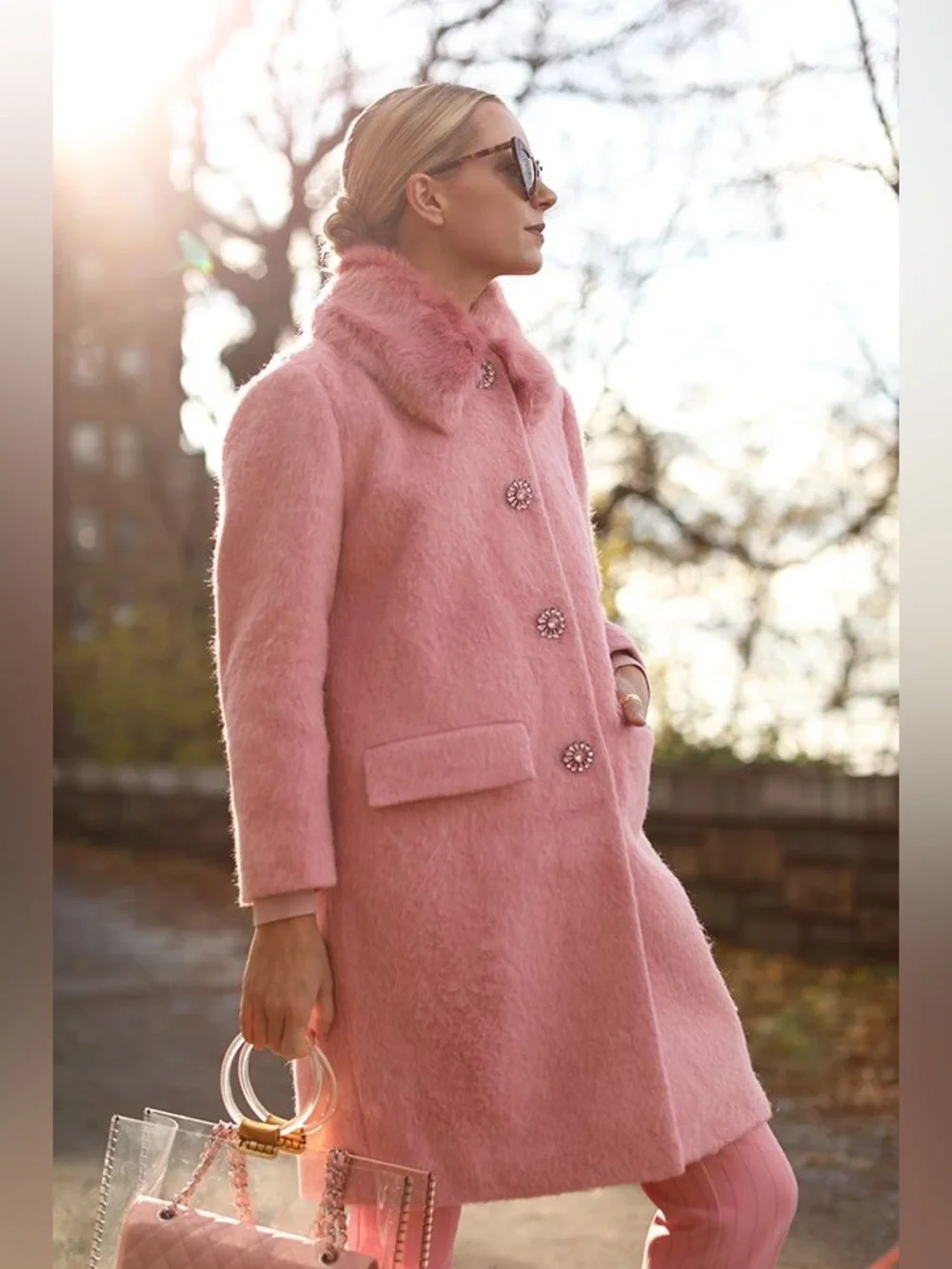 Kate Spade Fur Collar Pink Tulip Wool Blend Jewel button Pea Coat